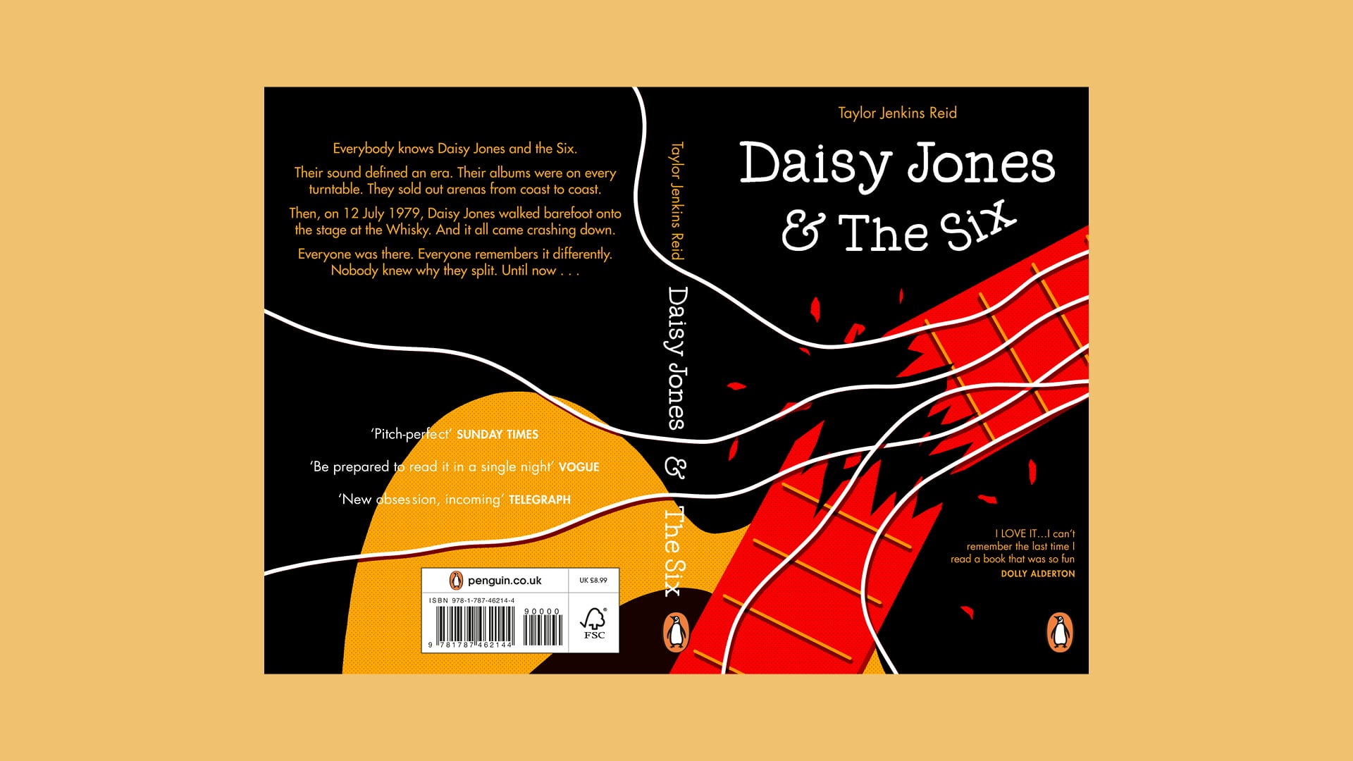 Diseño completo de la sobrecubierta para el libro 'Daisy Jones & The Six', desplegado en plano, mostrando la portada, contraportada, solapas y lomo, con el logo de Penguin y detalles editoriales.