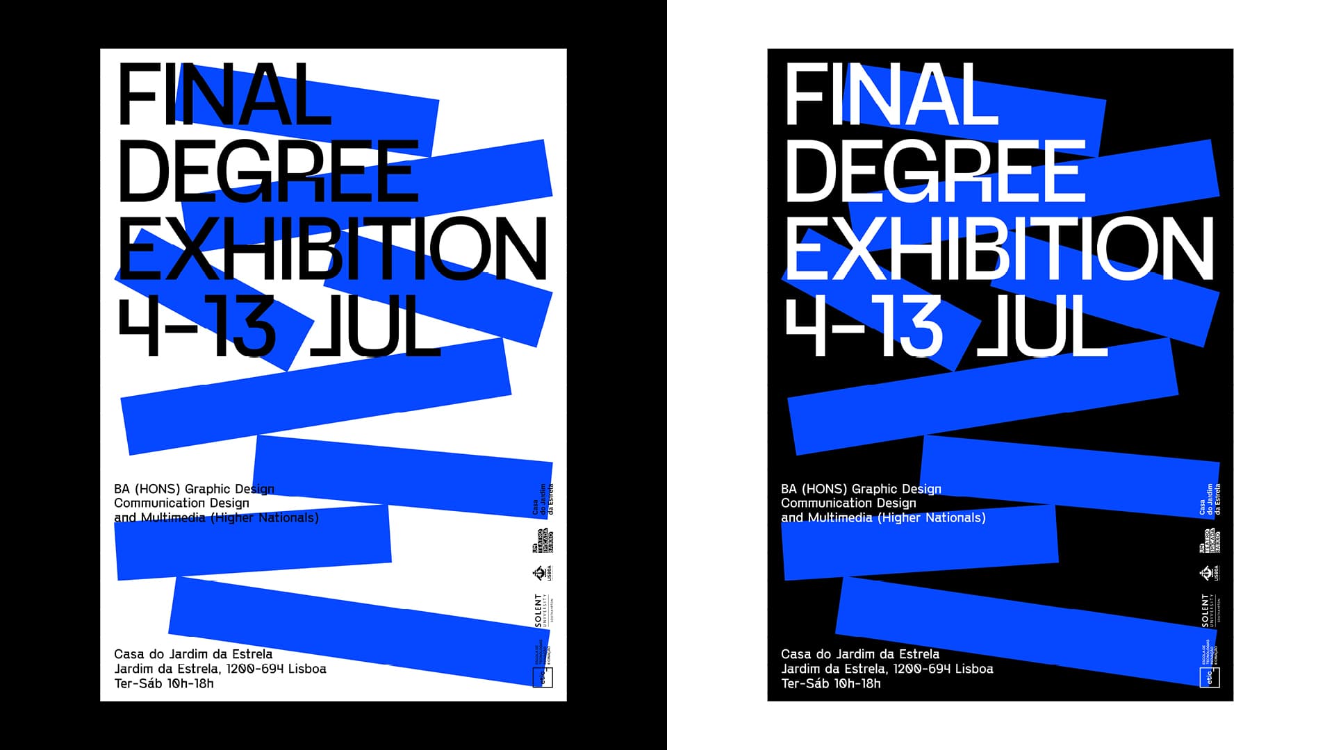Dos versiones del cartel para la 'Final Degree Exhibition 4-13 JUL', una con fondo blanco y otra con fondo negro, ambas con tipografía blanca y bloques azules dinámicos.