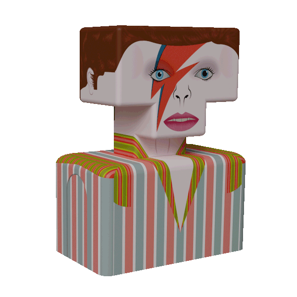 Gif de David Bowie donde pestañea, se cambia el color del rayo que tiene pintado en la cara de azul a rojo y las líneas de su camiseta se invierten.
