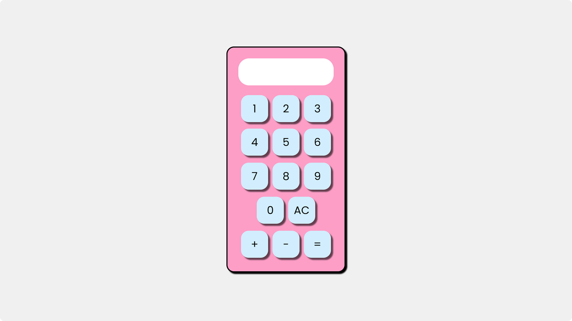 Diseño completo de una calculadora de estilo moderno con fondo rosa, botones numéricos y de operación celestes, y pantalla blanca, sobre un fondo gris claro