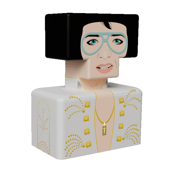 Gif de Elvis Presley donde abre y cierra los ojos, el color de las gafas va cambiando, y en la camisa tiene una serie de adornos dorados que se van iluminando.