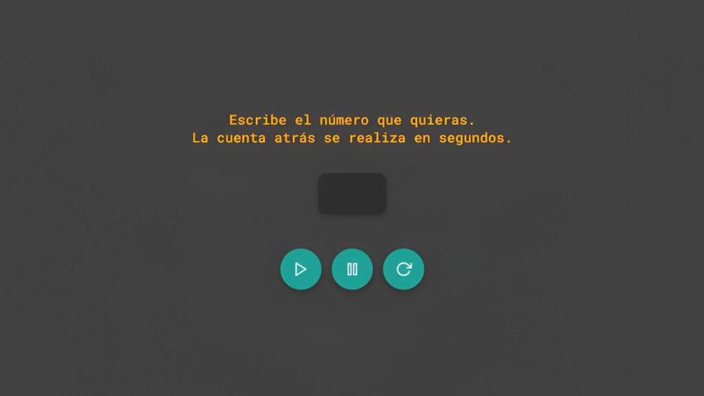 Interfaz de un temporizador digital sobre fondo gris oscuro, con texto de instrucciones en amarillo y botónes para realizar las acciones
