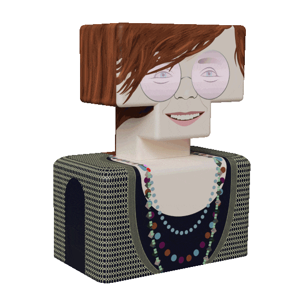 Gif de Janis Joplin donde los ojos se abren y se cierran, el color del cristal de las gafas va cambiando y hay diferentes animaciones en los collares que lleva.