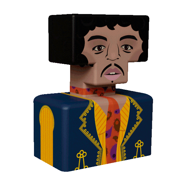 Gif de Jimi Hendrix donde se abren y cierran los ojos y se alterna el color de su chaqueta de dorado a azul, las lineas de su camisa tambien se alternan y los colores de las fijuras que lleva en la corbata van cambiando.