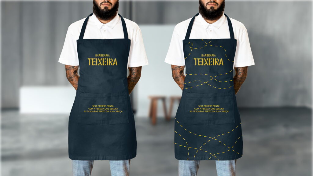Mockup de unos delantales de peluquero con el nuevo logo de la barberia y una frase divertida