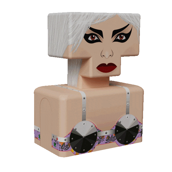 Gif de Nina Hagen donde abre y cierra los ojos, y la parte del top que lleva que cubre sus pechos va girando junto a pequeños círculos que se iluminan.