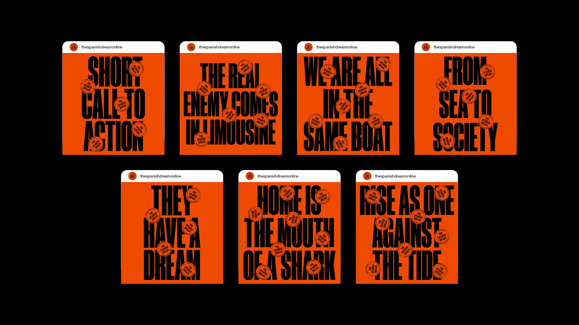 Serie de siete mockups de publicaciones para redes sociales del proyecto 'The Spanish Dream', con fondo naranja, el logo circular del proyecto y titulares en negro como 'Short Call to Action' y 'We are all in the sam