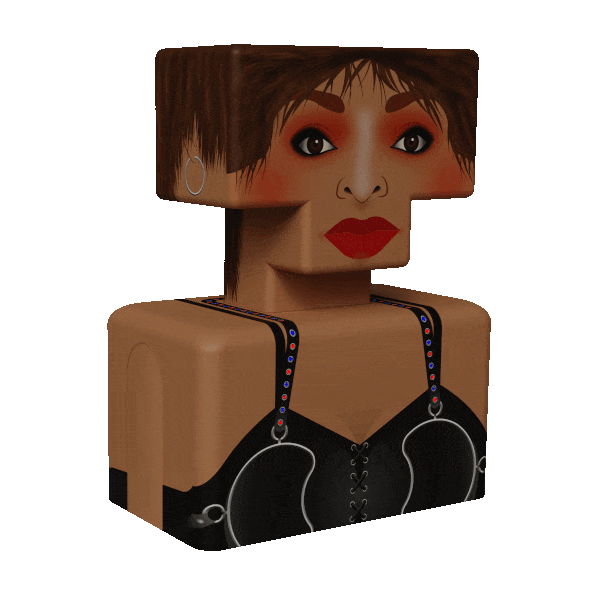 Gif de Tina Turner donde se abren y se cierran sus ojos, el color de su top cambia de negro a blanco y tiene unos agujeros en los tirantes rojos y azules que se van alternando de color.