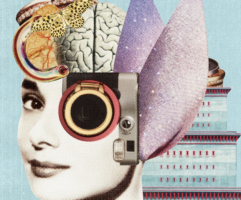 Detalle del diseño de collage surrealista para el XXI Festival de Cortometrajes, mostrando un rostro femenino fusionado con una cámara, un cerebro y motivos arquit