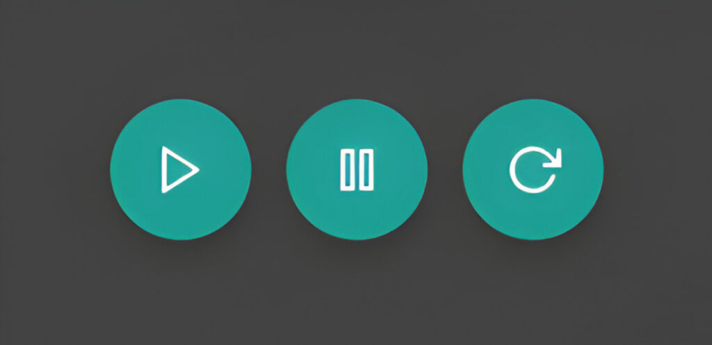 Primer plano de tres botones de control circulares de color turquesa para un temporizador un botón de play (triángulo), un botón de pausa (dos barras verticales) y un botón de reiniciar (flecha circular)