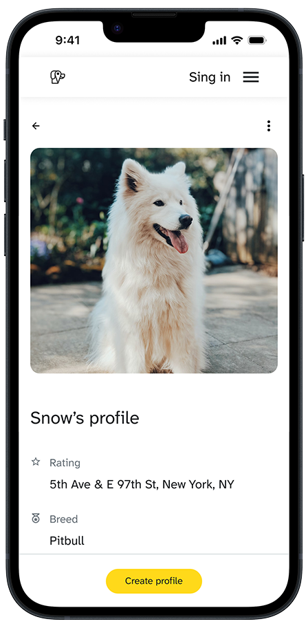 Mockup de móvil con la interfaz de un perfil de perro