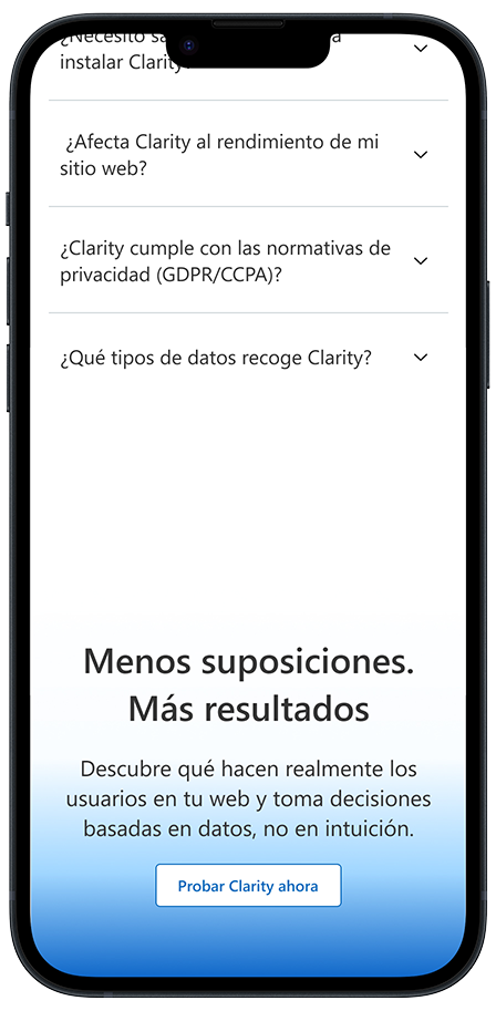 Mockup mobile del rediseño de Clarity, secciñon faqs y cta final