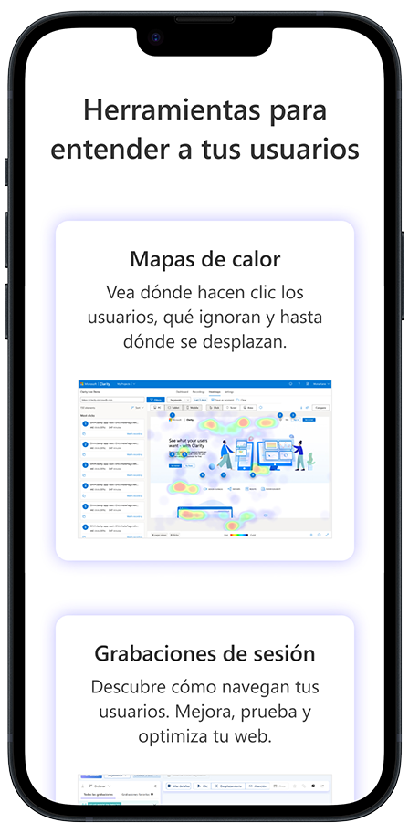 Mockup mobile del rediseño de Clarity, sección herramientas